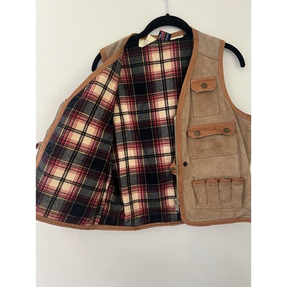 VTG Brittania Leather Suede Cargo Safari Utility Hunting Western Vest Flannel L - Picture 5 of 8